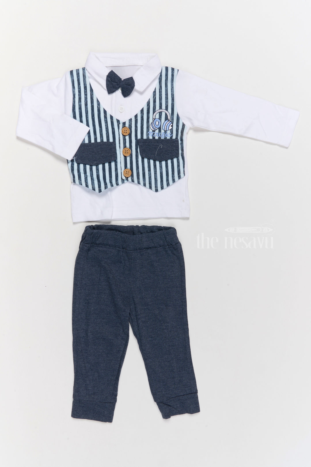 The Nesavu Baby Casual Sets New Born Thermal Wear Cotton Two-Piece Set with Blue Striped Vest and Navy Pants Nesavu 10 (NB) / Blue BCS181B-10 New Born Thermal Wear Cotton Two-Piece Set Blue Striped Vest | The Nesavu