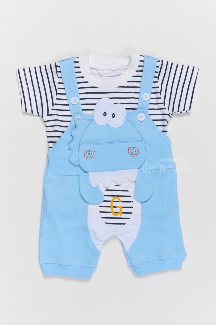 The Nesavu Baby Casual Sets New Born Wear Online Blue Cotton Dungaree Set with Striped T-Shirt and Dinosaur Applique Nesavu 14 (6M) / Blue BCS182B-14 New Born Wear Online Blue Cotton Dungaree Set Dinosaur Applique | The Nesavu