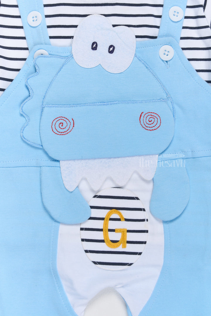 The Nesavu Baby Casual Sets New Born Wear Online Blue Cotton Dungaree Set with Striped T-Shirt and Dinosaur Applique Nesavu New Born Wear Online Blue Cotton Dungaree Set Dinosaur Applique | The Nesavu