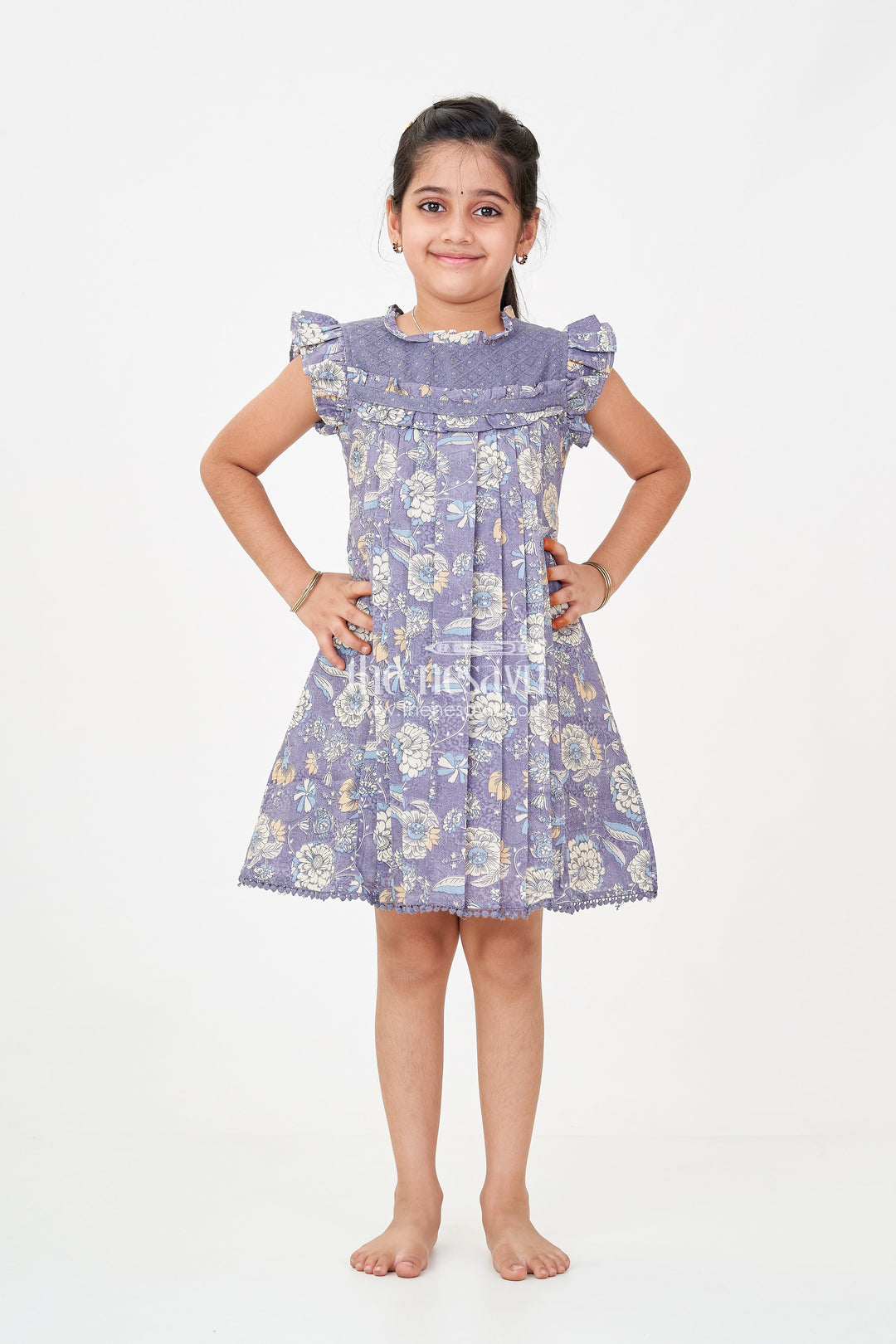 The Nesavu Girls Cotton Frock New Designer Frock for Girls in Navy Blue Floral Printed Cotton with Pleats and Ruffles Nesavu 22 (4Y) / Blue GFC1727A-22 New Designer Frock Girls Navy Blue Floral Cotton Ruffles Embellished Yoke | The Nesavu