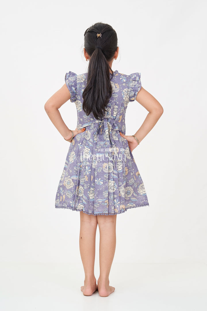 The Nesavu Girls Cotton Frock New Designer Frock for Girls in Navy Blue Floral Printed Cotton with Pleats and Ruffles Nesavu New Designer Frock Girls Navy Blue Floral Cotton Ruffles Embellished Yoke | The Nesavu