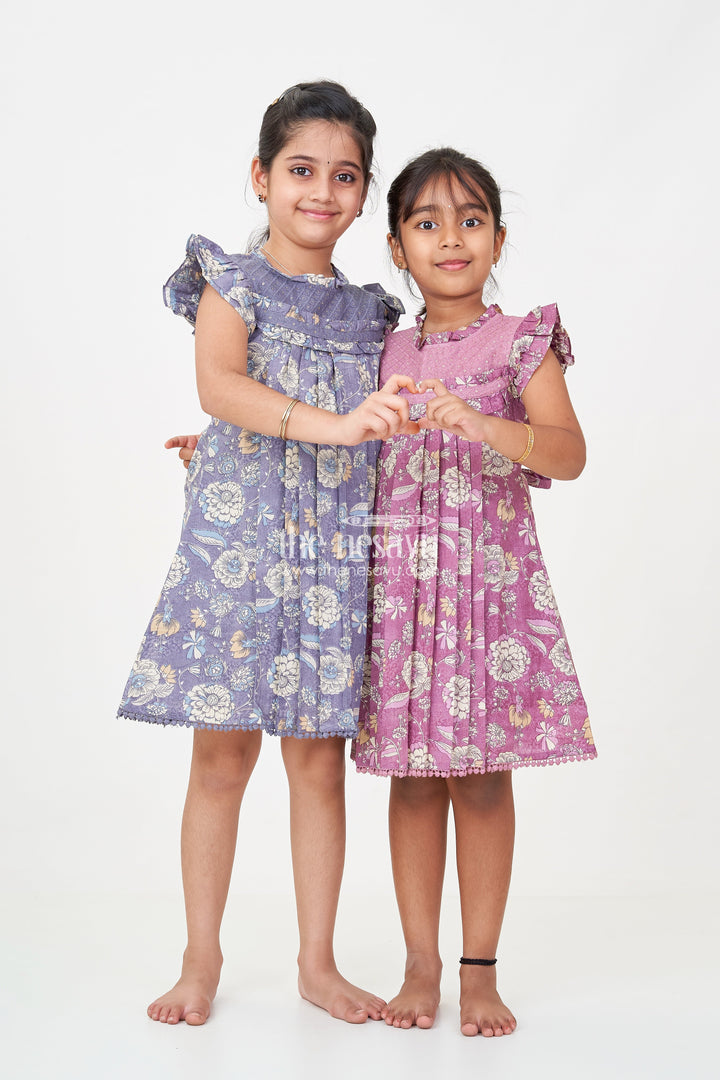 The Nesavu Girls Cotton Frock New Designer Frock for Girls in Navy Blue Floral Printed Cotton with Pleats and Ruffles Nesavu New Designer Frock Girls Navy Blue Floral Cotton Ruffles Embellished Yoke | The Nesavu