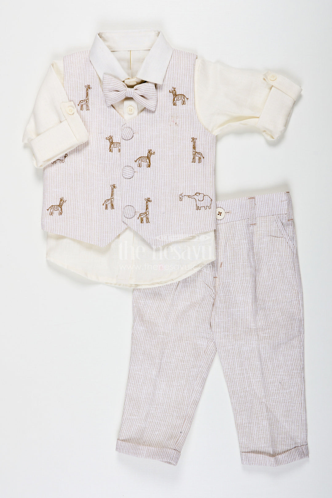 The Nesavu Boys Jacket Sets New Fashion Shirt Set for Boys with Cotton Animal Print Jacket and Coordinated Striped Bottoms Nesavu 16 (1Y) / Cream BCS224B-16 New Fashion Shirt Boys Set with Animal Digital Print Jacket and Soft Cotton Striped Fabric | The Nesavu
