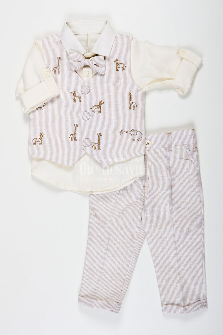 The Nesavu Boys Jacket Sets New Fashion Shirt Set for Boys with Cotton Animal Print Jacket and Coordinated Striped Bottoms Nesavu 16 (1Y) / Cream BCS224B-16 New Fashion Shirt Boys Set with Animal Digital Print Jacket and Soft Cotton Striped Fabric | The Nesavu