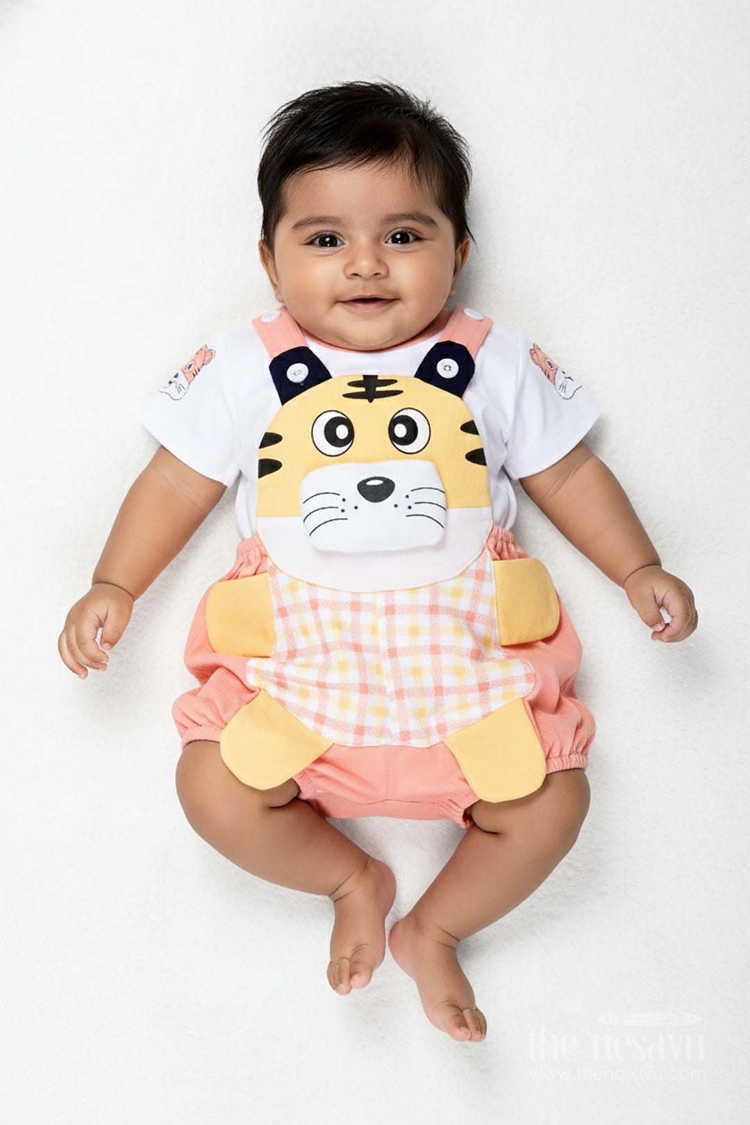 The Nesavu Boys Casual Set New Look Tiger Print Dress for Boys in Cotton with Playful Yellow Detailing and Embroidered Animal Face Nesavu 14 (6M) / Peach BCS300A-14 Nesavu New Look Tiger Print Dress Boys Soft Cotton Embroidered Face Colorful Dungaree