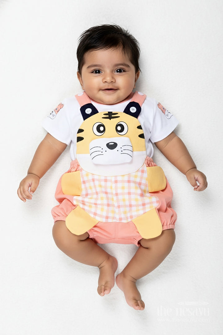 The Nesavu Boys Casual Set New Look Tiger Print Dress for Boys in Cotton with Playful Yellow Detailing and Embroidered Animal Face Nesavu 14 (6M) / Peach BCS300A-14 Nesavu New Look Tiger Print Dress Boys Soft Cotton Embroidered Face Colorful Dungaree
