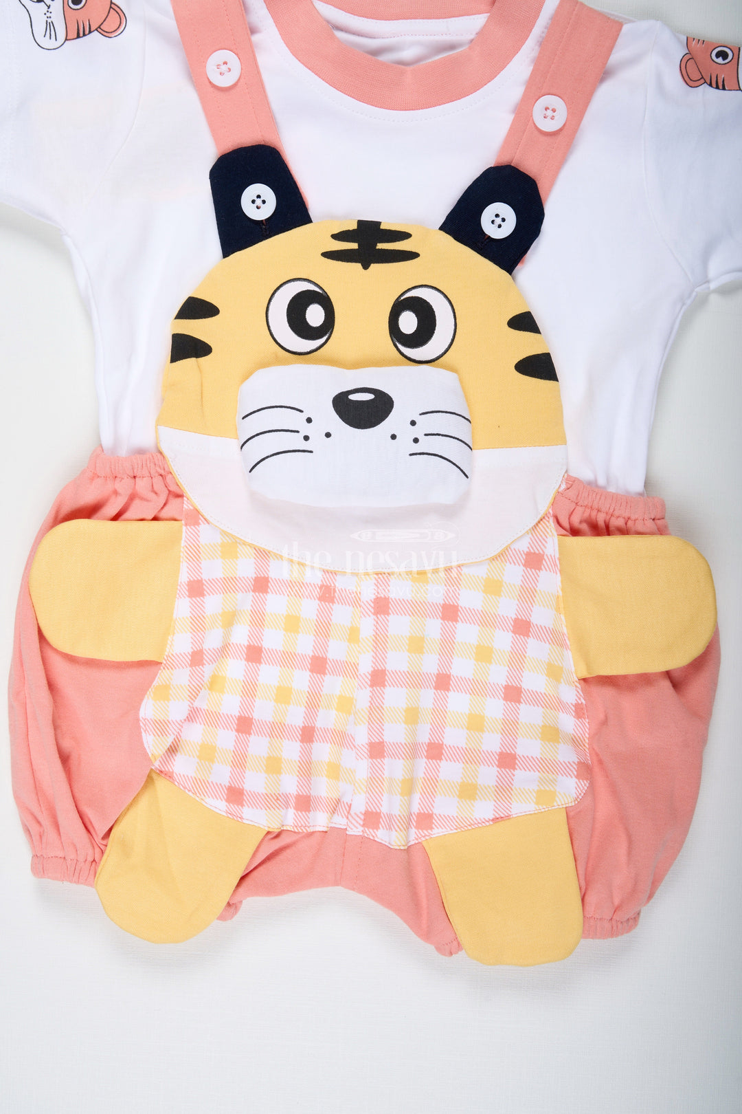 The Nesavu Boys Casual Set New Look Tiger Print Dress for Boys in Cotton with Playful Yellow Detailing and Embroidered Animal Face Nesavu Nesavu New Look Tiger Print Dress Boys Soft Cotton Embroidered Face Colorful Dungaree