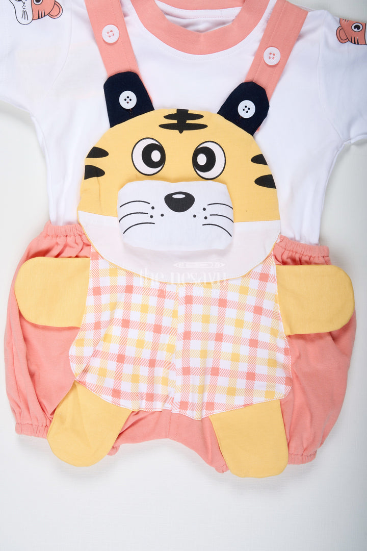 The Nesavu Boys Casual Set New Look Tiger Print Dress for Boys in Cotton with Playful Yellow Detailing and Embroidered Animal Face Nesavu Nesavu New Look Tiger Print Dress Boys Soft Cotton Embroidered Face Colorful Dungaree