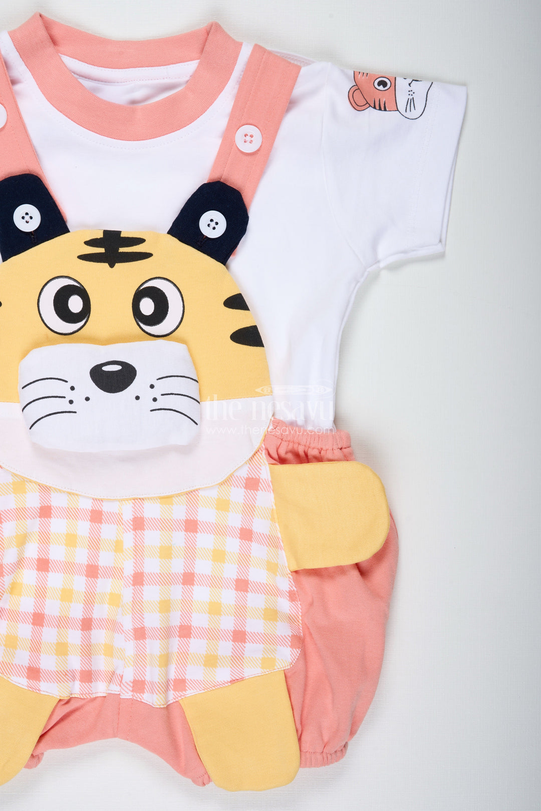The Nesavu Boys Casual Set New Look Tiger Print Dress for Boys in Cotton with Playful Yellow Detailing and Embroidered Animal Face Nesavu Nesavu New Look Tiger Print Dress Boys Soft Cotton Embroidered Face Colorful Dungaree