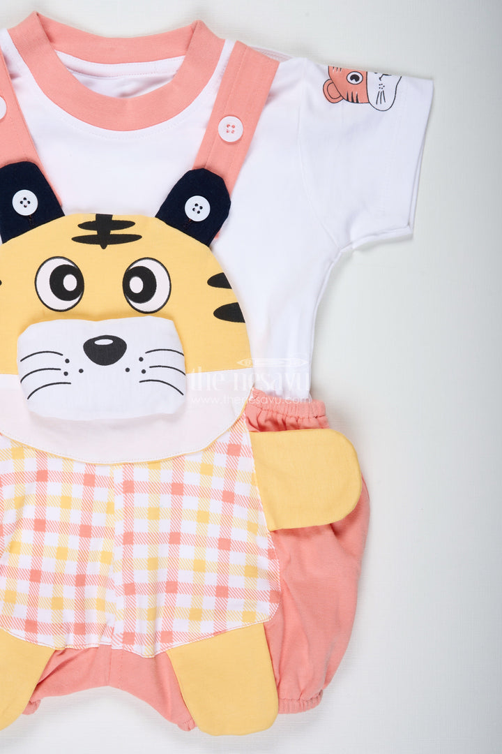 The Nesavu Boys Casual Set New Look Tiger Print Dress for Boys in Cotton with Playful Yellow Detailing and Embroidered Animal Face Nesavu Nesavu New Look Tiger Print Dress Boys Soft Cotton Embroidered Face Colorful Dungaree