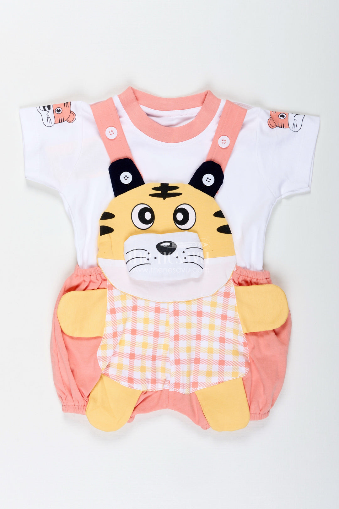 The Nesavu Boys Casual Set New Look Tiger Print Dress for Boys in Cotton with Playful Yellow Detailing and Embroidered Animal Face Nesavu Nesavu New Look Tiger Print Dress Boys Soft Cotton Embroidered Face Colorful Dungaree
