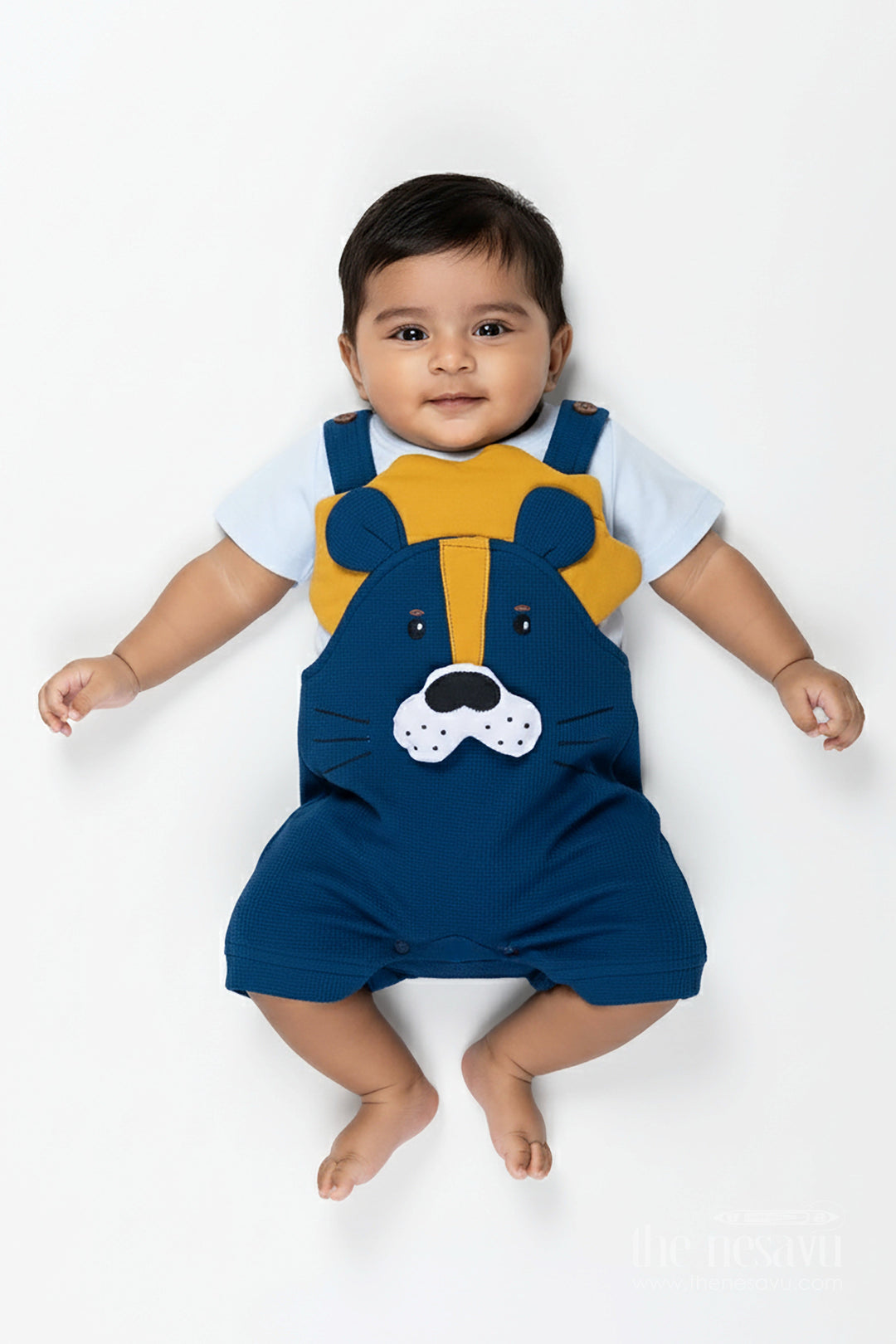 The Nesavu Boys Casual Set Newborn Bear Outfit for Boys in Waffle Knit Cotton with Dog Face Applique and Bold Contrast Tee Nesavu 14 (6M) / Blue BCS301B-14 Nesavu Newborn Bear Outfit Boys Waffle Knit Cotton Contrast Tee Bear Applique
