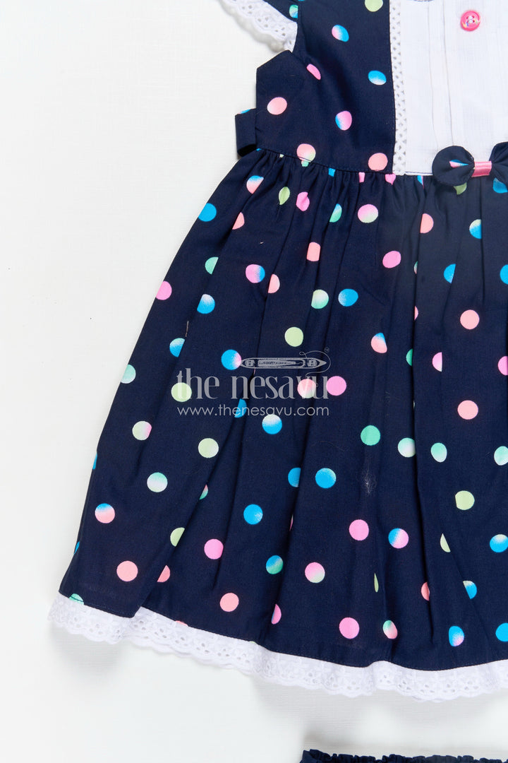 The Nesavu Baby Cotton Frocks Newborn Black Dress with Polka Dot Digital Print and Lace Trimmed Sleeves for Baby Girls Nesavu Nesavu Newborn Black Dress Multicolor Polka Dots Soft Cotton Lace Trim Baby Girls