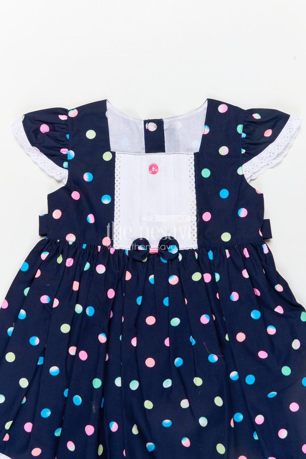 The Nesavu Baby Cotton Frocks Newborn Black Dress with Polka Dot Digital Print and Lace Trimmed Sleeves for Baby Girls Nesavu Nesavu Newborn Black Dress Multicolor Polka Dots Soft Cotton Lace Trim Baby Girls