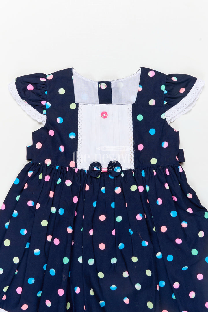 The Nesavu Baby Cotton Frocks Newborn Black Dress with Polka Dot Digital Print and Lace Trimmed Sleeves for Baby Girls Nesavu Nesavu Newborn Black Dress Multicolor Polka Dots Soft Cotton Lace Trim Baby Girls