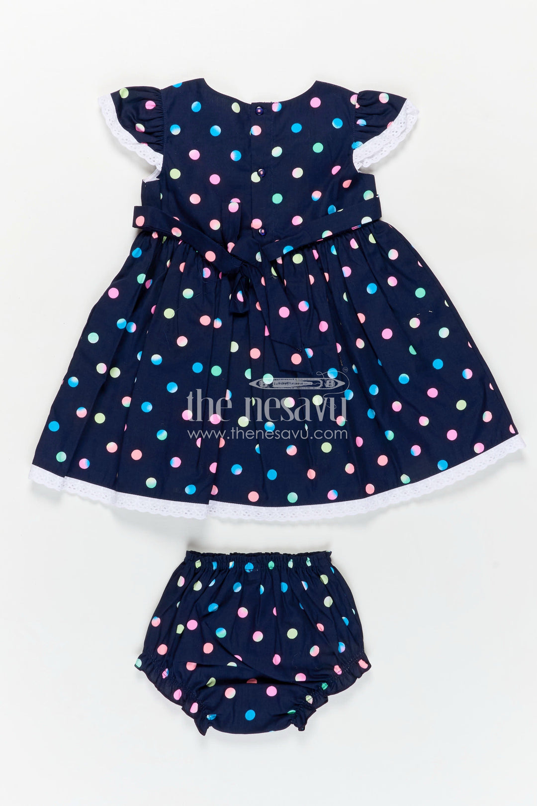 The Nesavu Baby Cotton Frocks Newborn Black Dress with Polka Dot Digital Print and Lace Trimmed Sleeves for Baby Girls Nesavu Nesavu Newborn Black Dress Multicolor Polka Dots Soft Cotton Lace Trim Baby Girls