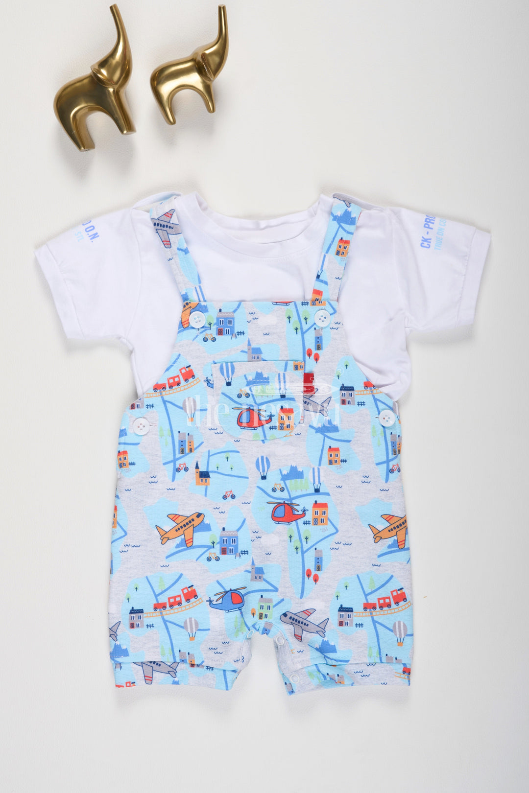 The Nesavu Boys Casual Set Newborn Blue Aeroplane Printed Suspended Dungaree Romper Set Nesavu 12 (3M) / Blue BCS116A-12 Newborn Blue Aeroplane Printed Suspended Dungaree Romper Set Nesavu