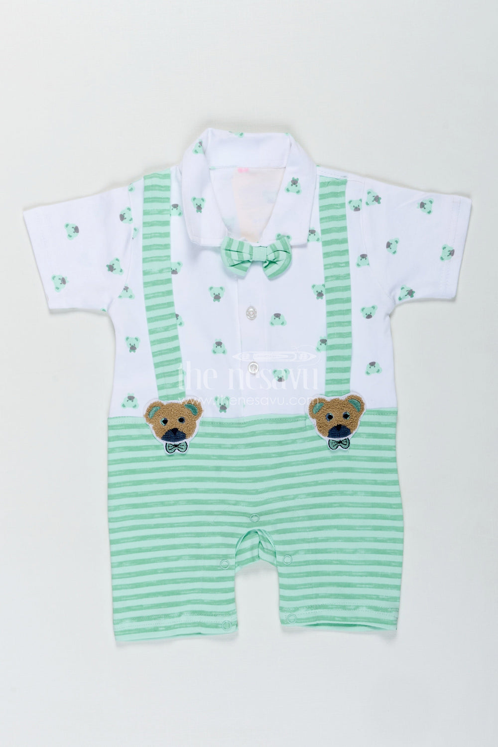 The Nesavu Baby Rompers/Onesies Newborn Boy Romper for Photoshoot in Mint Green Cotton Jersey with Cute Bear Details and Bow Tie Nesavu 12 (3M) / Green BCS317B-12 Nesavu Newborn Boy Romper Photoshoot Mint Green Bear Print Bow Tie Suspenders