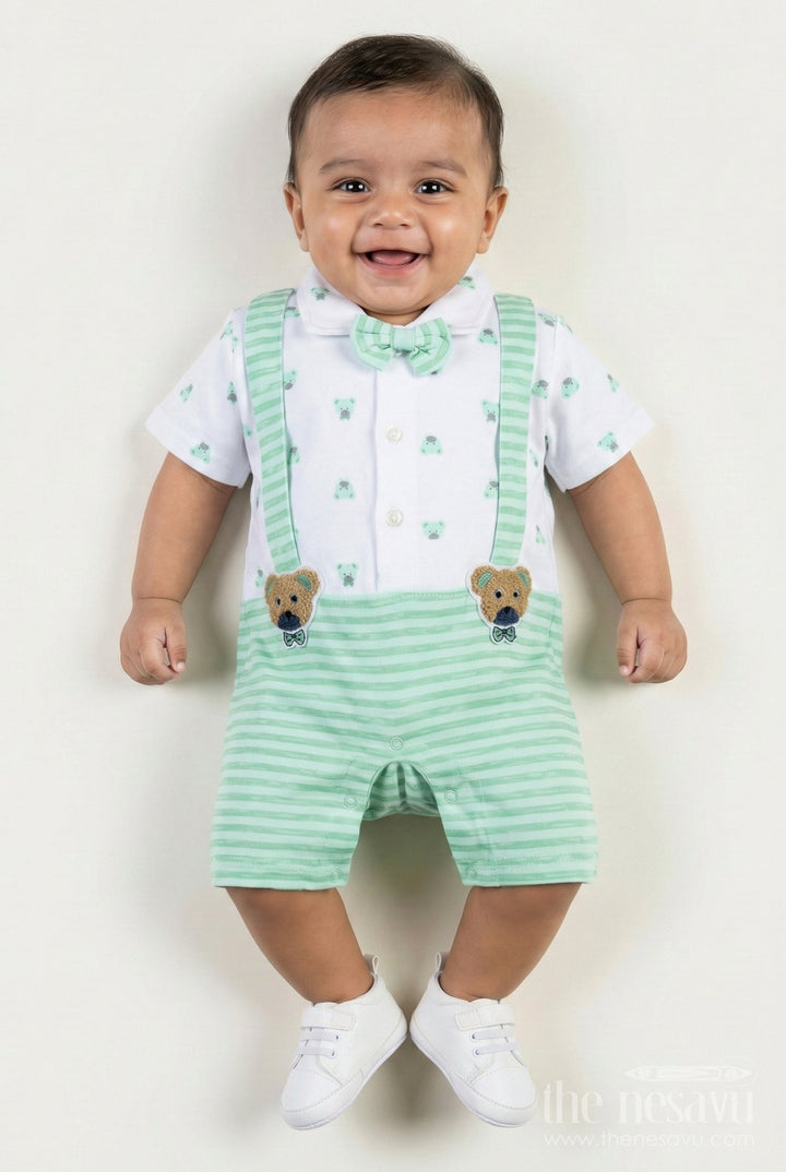The Nesavu Baby Rompers/Onesies Newborn Boy Romper for Photoshoot in Mint Green Cotton Jersey with Cute Bear Details and Bow Tie Nesavu 12 (3M) / Green BCS317B-12 Nesavu Newborn Boy Romper Photoshoot Mint Green Bear Print Bow Tie Suspenders
