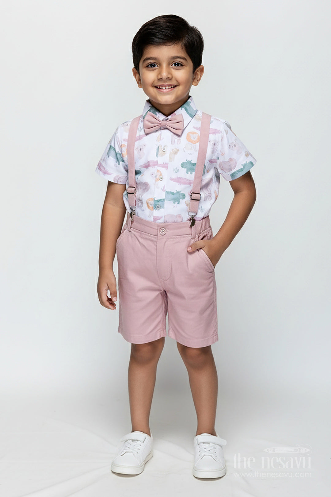 The Nesavu Boys Casual Set Newborn Cloth Set for Boys in Cotton with Animal Digital Print Shirt and Dusty Pink Shorts with Suspenders Nesavu 18 (2Y) / Peach BCS318B-18 Nesavu Newborn Cloth Set Boys Safari Animal Print Shirt Pink Shorts Bow Tie