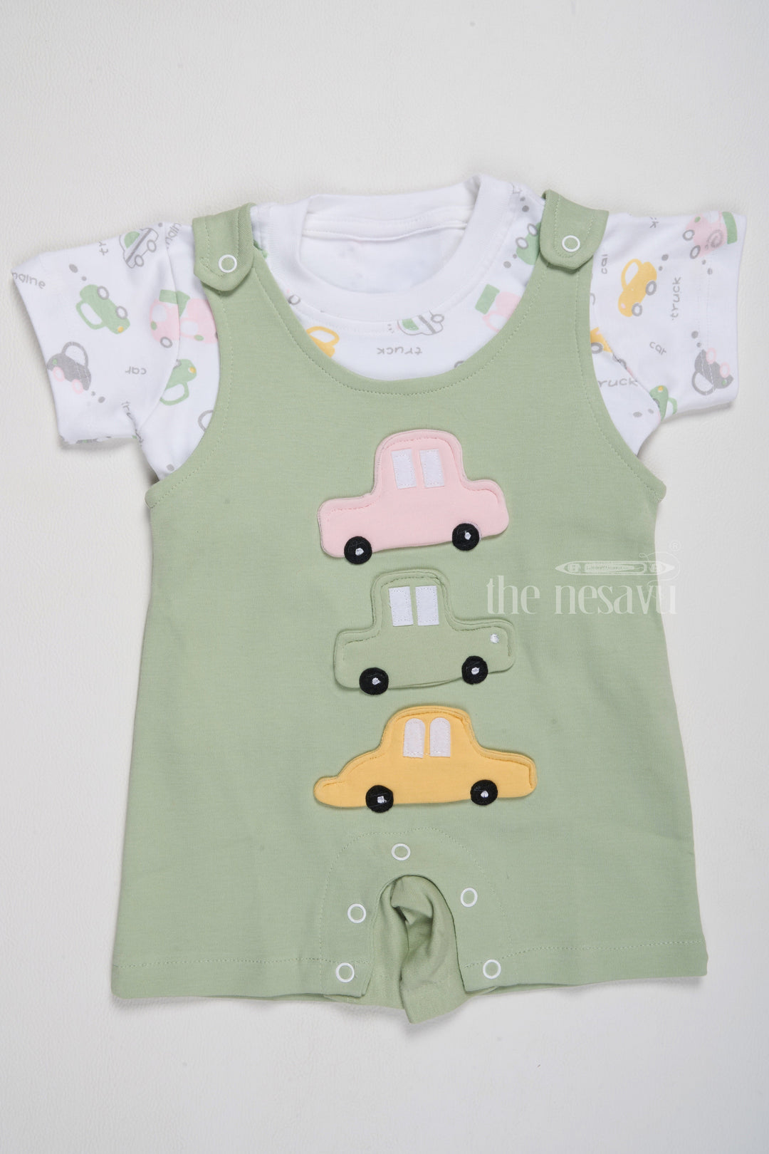 The Nesavu Baby Casual Sets Newborn Clothes Sale Green Car Applique Romper with Printed T-Shirt Nesavu 14 (6M) / Green BCS189B-14 Newborn Clothes Sale Green Car Applique Romper Printed T-Shirt | The Nesavu