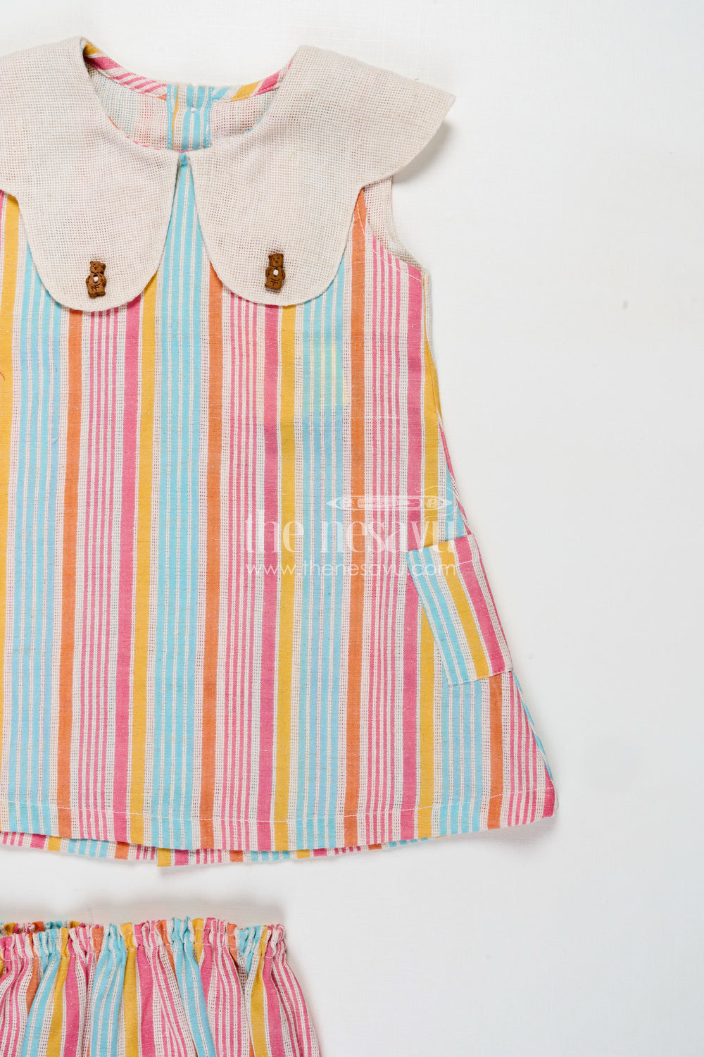 The Nesavu Baby Cotton Frocks Newborn Clothes Set in Multicolor Striped Cotton with Oversized Collar and Playful Design for Baby Girls Nesavu Nesavu Multicolor Striped Cotton Newborn Clothes Set Oversized Collar Matching Bloomers