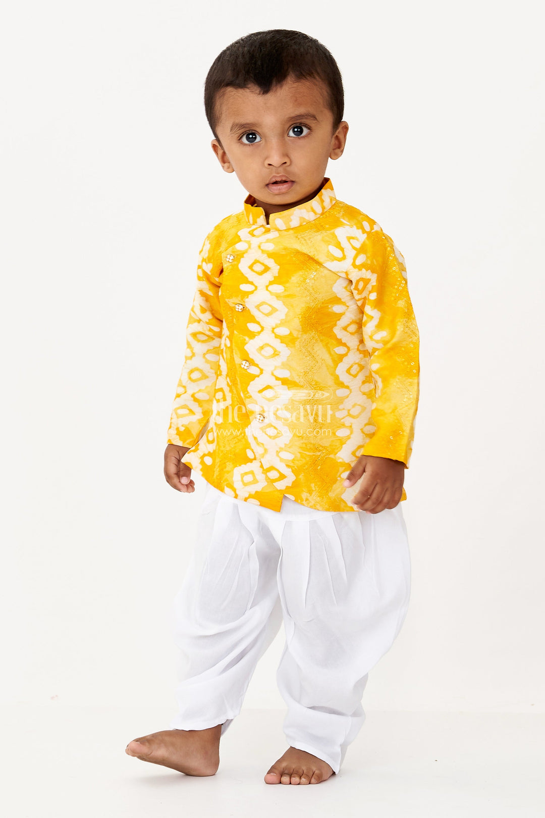 The Nesavu Boys Dothi Set Newborn Dhoti Set in Yellow Batik Chanderi Cotton with Embroidery and Matching Accessories Nesavu 10 (NB) / Yellow BES685A-10 Newborn Yellow Dhoti Set Batik Chanderi Cotton Embroidered Jacket Accessories | The Nesavu