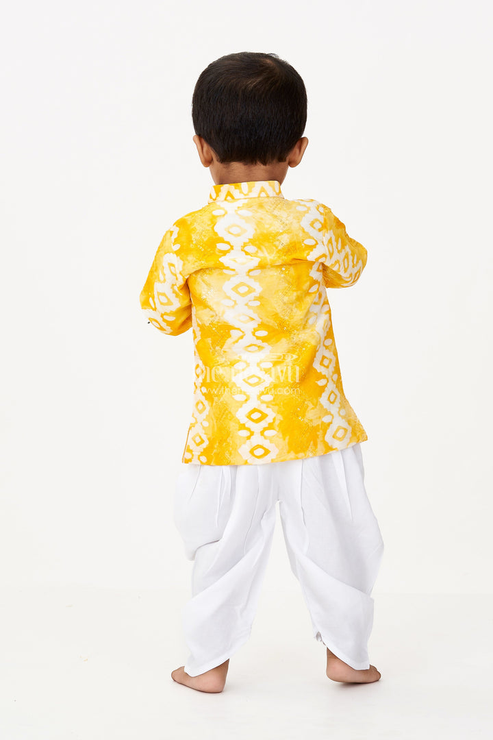 The Nesavu Boys Dothi Set Newborn Dhoti Set in Yellow Batik Chanderi Cotton with Embroidery and Matching Accessories Nesavu Newborn Yellow Dhoti Set Batik Chanderi Cotton Embroidered Jacket Accessories | The Nesavu