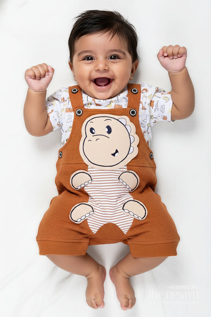 The Nesavu Boys Casual Set Newborn Dinosaur Outfit for Boys in Waffle Knit Cotton with Embellished Dino Patch and Printed Tee Nesavu 14 (6M) / Brown BCS297A-14 Nesavu Newborn Dinosaur Outfit Boys Waffle Knit Cotton Embellished Patch Printed Tee