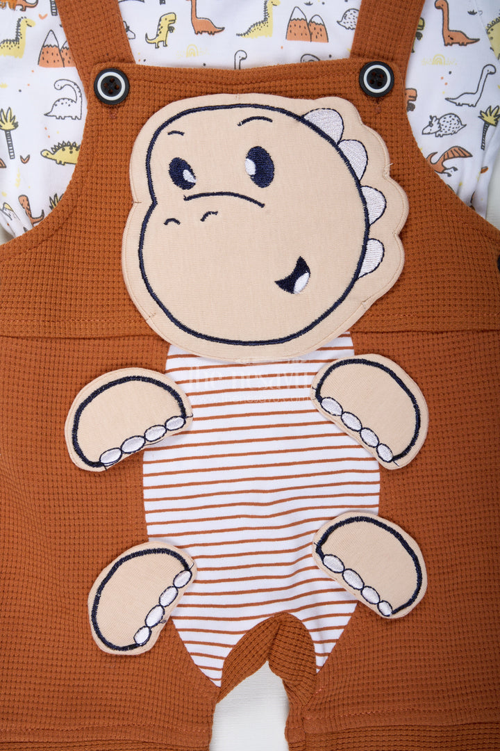 The Nesavu Boys Casual Set Newborn Dinosaur Outfit for Boys in Waffle Knit Cotton with Embellished Dino Patch and Printed Tee Nesavu Nesavu Newborn Dinosaur Outfit Boys Waffle Knit Cotton Embellished Patch Printed Tee