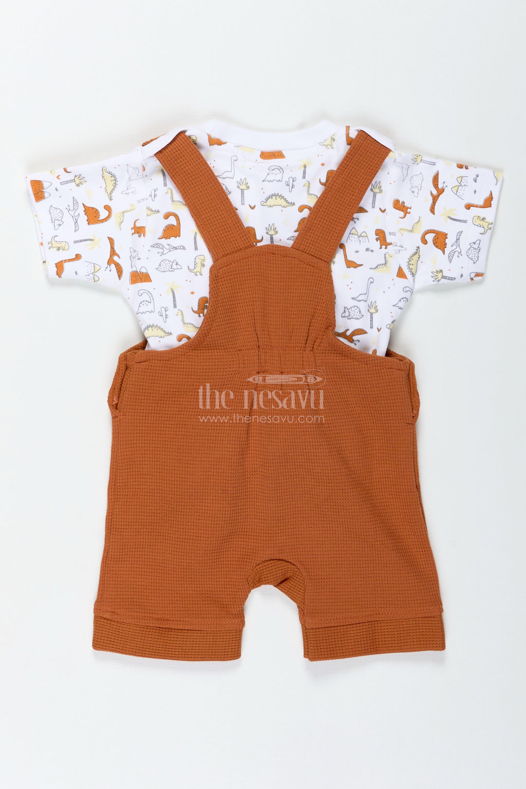 The Nesavu Boys Casual Set Newborn Dinosaur Outfit for Boys in Waffle Knit Cotton with Embellished Dino Patch and Printed Tee Nesavu Nesavu Newborn Dinosaur Outfit Boys Waffle Knit Cotton Embellished Patch Printed Tee