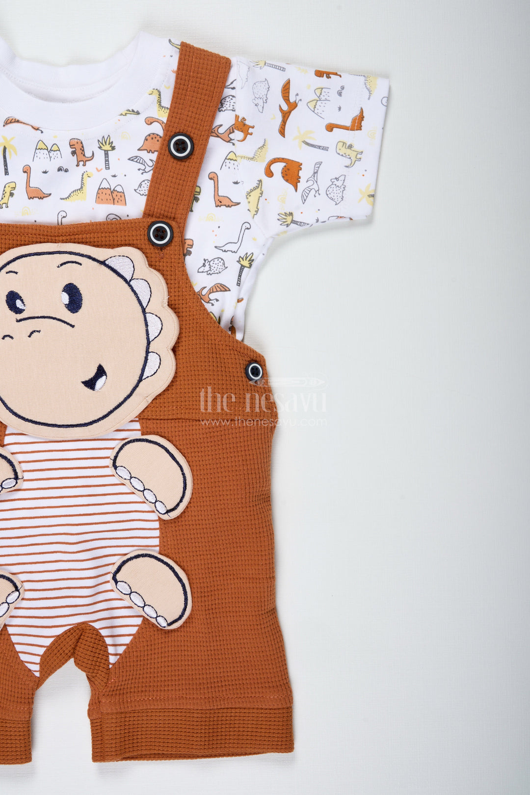 The Nesavu Boys Casual Set Newborn Dinosaur Outfit for Boys in Waffle Knit Cotton with Embellished Dino Patch and Printed Tee Nesavu Nesavu Newborn Dinosaur Outfit Boys Waffle Knit Cotton Embellished Patch Printed Tee