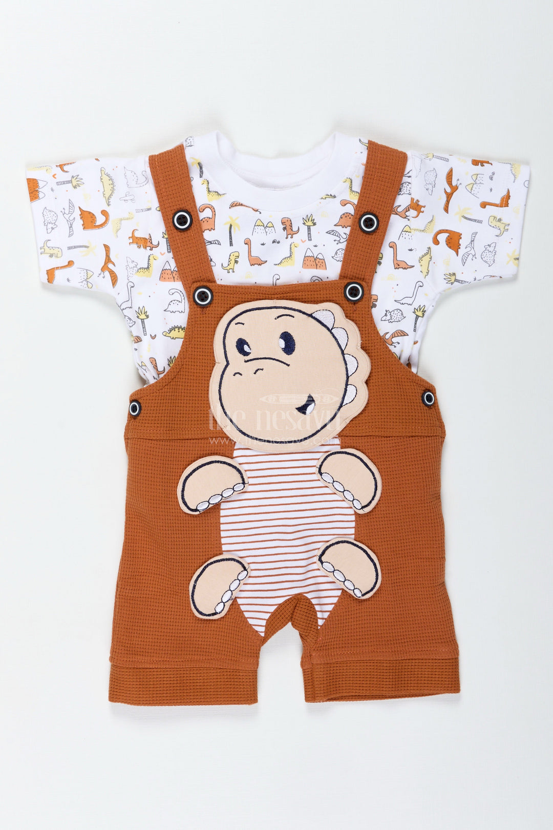 The Nesavu Boys Casual Set Newborn Dinosaur Outfit for Boys in Waffle Knit Cotton with Embellished Dino Patch and Printed Tee Nesavu Nesavu Newborn Dinosaur Outfit Boys Waffle Knit Cotton Embellished Patch Printed Tee