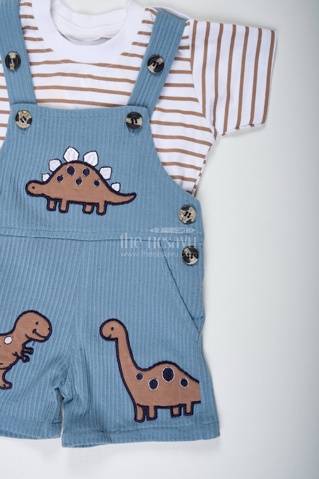 The Nesavu Boys Casual Set Newborn Dinosaur Set Outfit for Boys in Blue Corduroy Cotton with Dino Embellished Dungaree Nesavu Nesavu Newborn Dinosaur Set Outfit Boys Blue Corduroy Cotton Fun Dino Patches