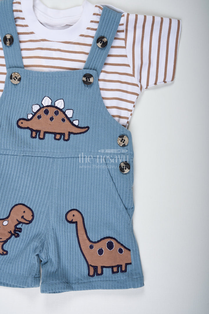 The Nesavu Boys Casual Set Newborn Dinosaur Set Outfit for Boys in Blue Corduroy Cotton with Dino Embellished Dungaree Nesavu Nesavu Newborn Dinosaur Set Outfit Boys Blue Corduroy Cotton Fun Dino Patches