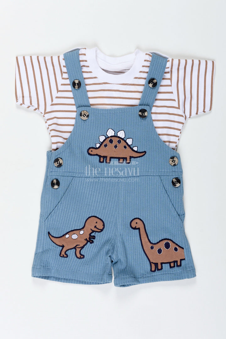 The Nesavu Boys Casual Set Newborn Dinosaur Set Outfit for Boys in Blue Corduroy Cotton with Dino Embellished Dungaree Nesavu Nesavu Newborn Dinosaur Set Outfit Boys Blue Corduroy Cotton Fun Dino Patches