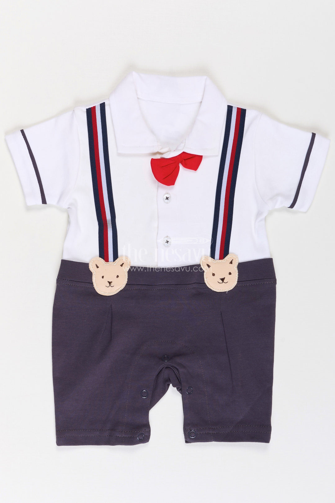 The Nesavu Baby Casual Sets Newborn Dungarees in Soft Cotton with Teddy Bear Details Nesavu 10 (NB) / White BCS201B-10 Newborn Dungarees Teddy Bear Suspenders Cotton Comfort | The Nesavu