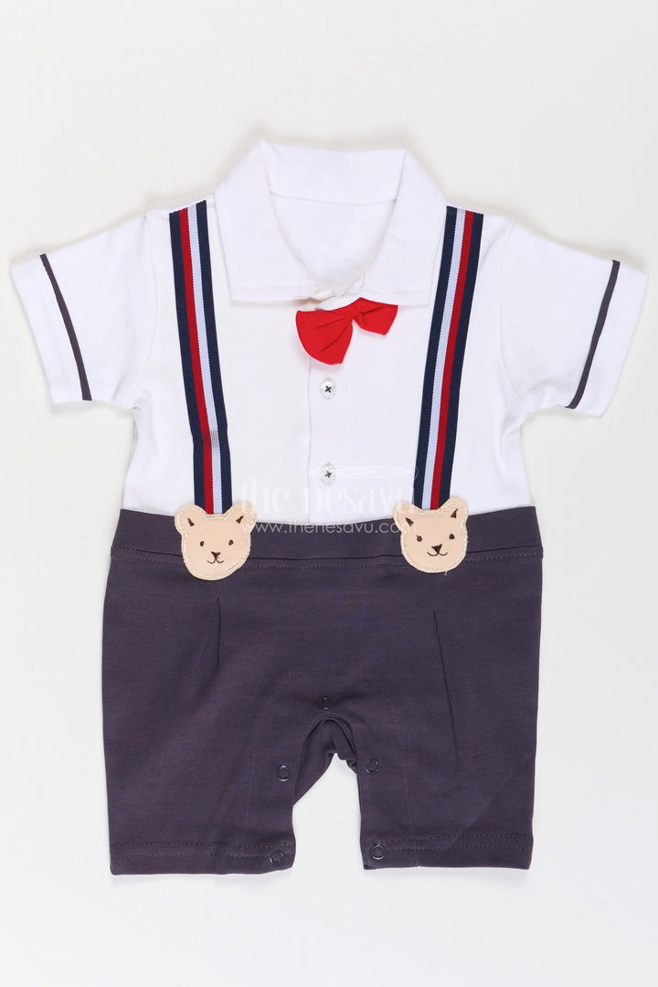 The Nesavu Baby Casual Sets Newborn Dungarees in Soft Cotton with Teddy Bear Details Nesavu 10 (NB) / White BCS201B-10 Newborn Dungarees Teddy Bear Suspenders Cotton Comfort | The Nesavu