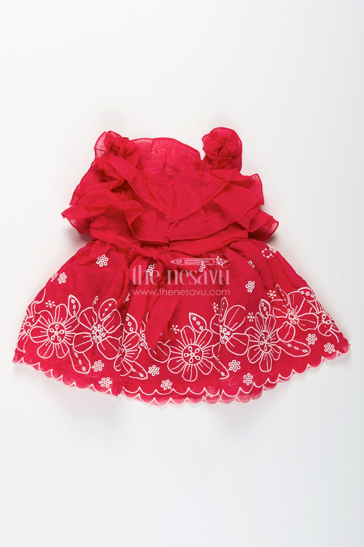 The Nesavu Girls Shorts Newborn Ethnic Wear with Floral Lace Detailing in Soft Cotton for Baby Girls in Vibrant Orange Nesavu Nesavu newborn ethnic frock floral lace embroidery soft cotton baby girls orange