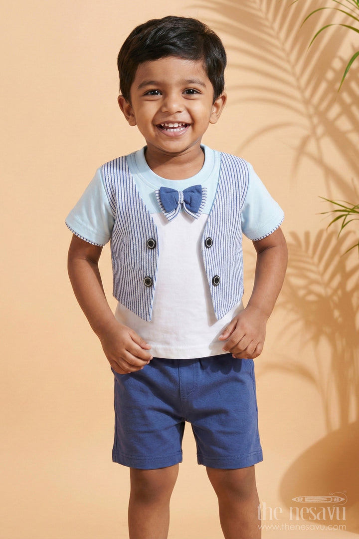 The Nesavu Baby Casual Sets Newborn Festive Wear Set with Bowtie and Striped Vest for Special Occasions Nesavu 10 (NB) / Blue BCS196B-10 Newborn Festive Wear Set Bowtie Striped Vest Special Occasions | The Nesavu