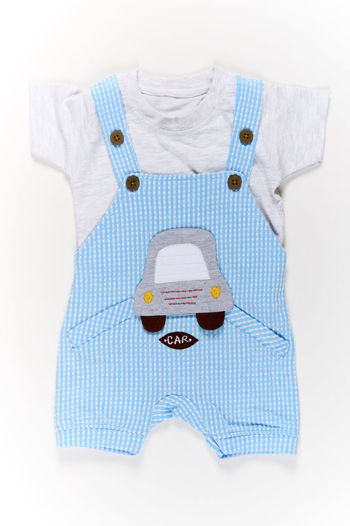 The Nesavu Baby Casual Sets Newborn First Outfit Blue Striped Cotton Romper with Car Applique and White T-Shirt Nesavu 14 (6M) / Blue BCS177B-14 Newborn First Outfit Blue Cotton Romper Car Applique T-Shirt | The Nesavu