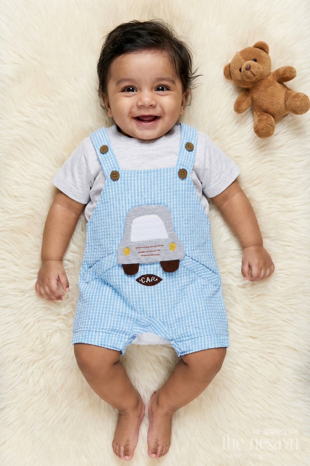 The Nesavu Baby Casual Sets Newborn First Outfit Blue Striped Cotton Romper with Car Applique and White T-Shirt Nesavu 14 (6M) / Blue BCS177B-14 Newborn First Outfit Blue Cotton Romper Car Applique T-Shirt | The Nesavu