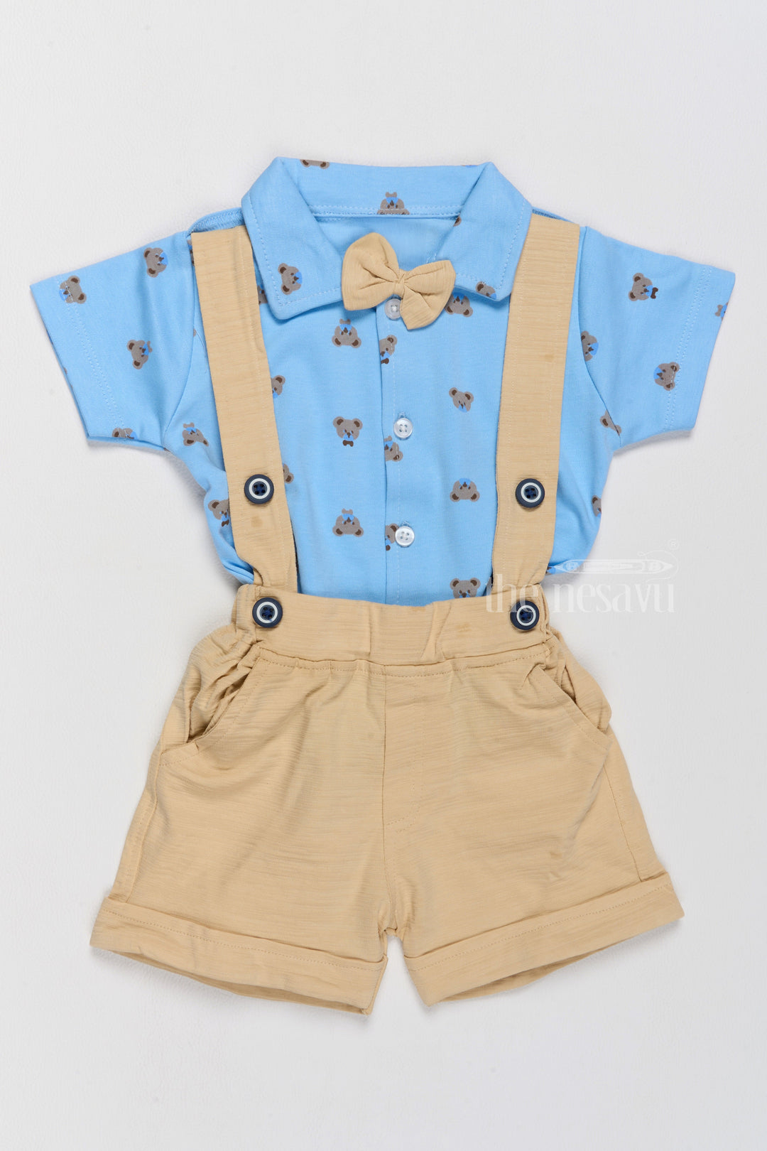 The Nesavu Baby Casual Sets Newborn Fourth Of July Outfit Blue Bow Tie Shirt with Yellow Suspender Shorts Nesavu 14 (6M) / Blue BCS195B-14 Newborn Fourth July Outfit Blue Bow Tie Shirt Yellow Suspender Shorts | The Nesavu