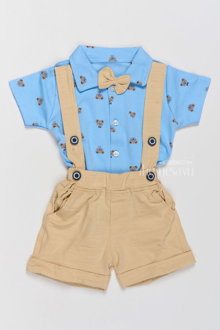 The Nesavu Baby Casual Sets Newborn Fourth Of July Outfit Blue Bow Tie Shirt with Yellow Suspender Shorts Nesavu 14 (6M) / Blue BCS195B-14 Newborn Fourth July Outfit Blue Bow Tie Shirt Yellow Suspender Shorts | The Nesavu