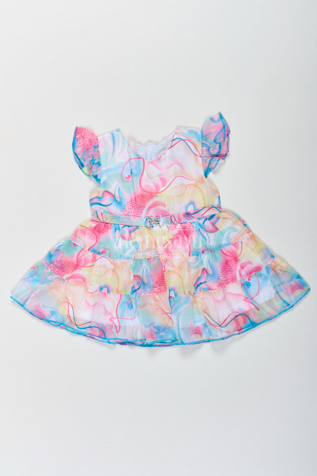 The Nesavu Baby Cotton Frocks Newborn Frock in Soft Georgette with Multicolour Digital Print and Layered Frills for Baby Girls Nesavu 14 (6M) / Blue BFJ765B-14 Newborn Frock Baby Girls Georgette Multicolour Digital Print Frilled Layers | The Nesavu
