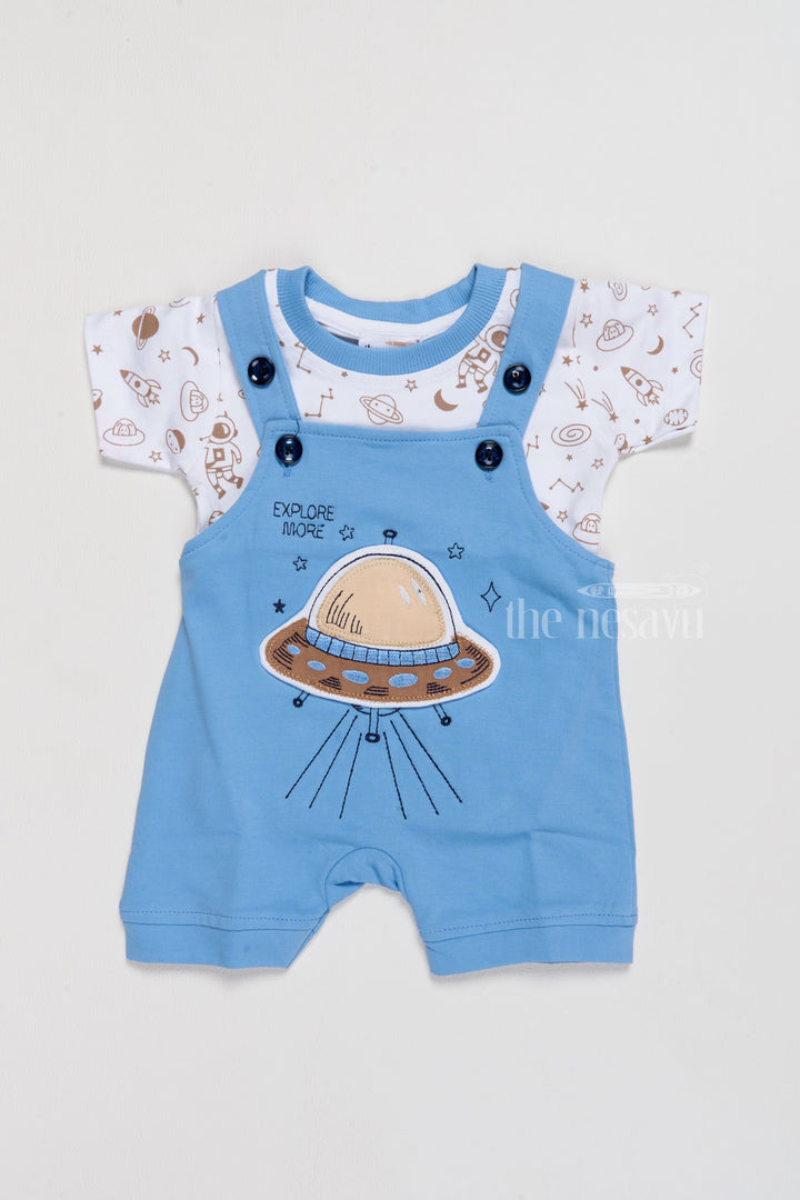 The Nesavu Baby Casual Sets Newborn Holiday Dress Blue Space Theme Dungaree with Printed T-Shirt Nesavu 14 (6M) / Blue BCS193A-14 Newborn Holiday Dress Blue Space Theme Dungaree Printed T-Shirt | The Nesavu