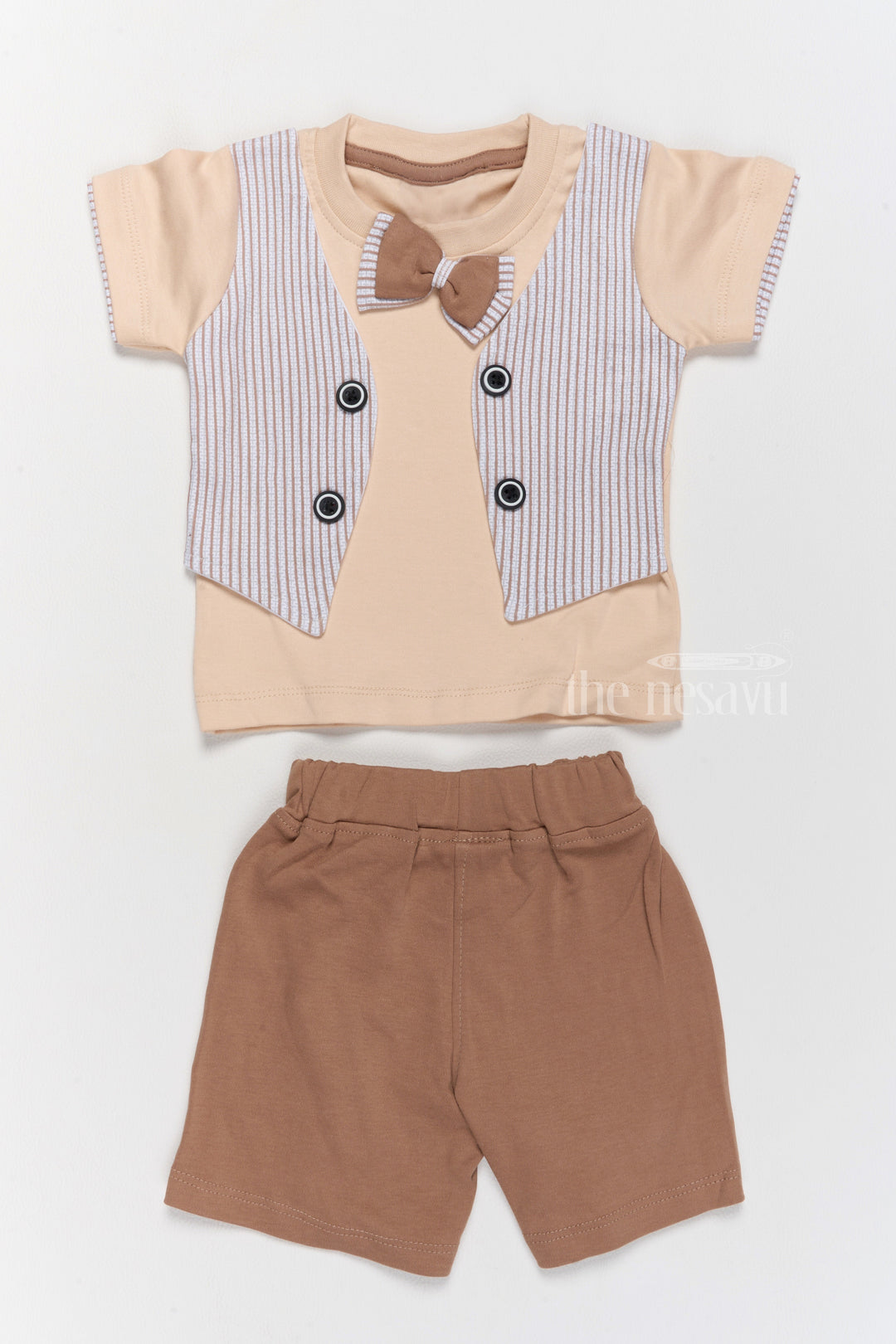 The Nesavu Baby Casual Sets Newborn Party Dress Beige Bow Tie Shirt with Matching Shorts and Vest Nesavu 10 (NB) / Beige BCS196A-10 Newborn Party Dress Beige Bow Tie Shirt Vest Matching Shorts | The Nesavu