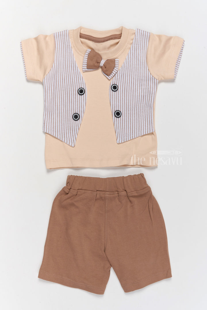 The Nesavu Baby Casual Sets Newborn Party Dress Beige Bow Tie Shirt with Matching Shorts and Vest Nesavu 10 (NB) / Beige BCS196A-10 Newborn Party Dress Beige Bow Tie Shirt Vest Matching Shorts | The Nesavu