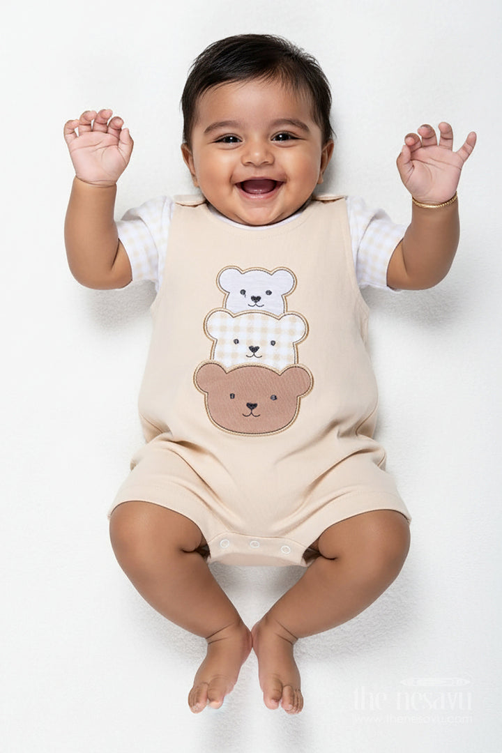 The Nesavu Boys Casual Set Newborn Teddy Bear Costume for Boys in Soft Cotton with Triple Bear Patch and Checkered Sleeves Nesavu 14 (6M) / Beige BCS299A-14 Nesavu Newborn Teddy Bear Costume Boys Cotton Triple Bear Patch Check Tee