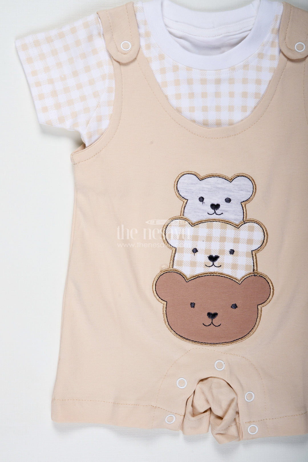 The Nesavu Boys Casual Set Newborn Teddy Bear Costume for Boys in Soft Cotton with Triple Bear Patch and Checkered Sleeves Nesavu Nesavu Newborn Teddy Bear Costume Boys Cotton Triple Bear Patch Check Tee
